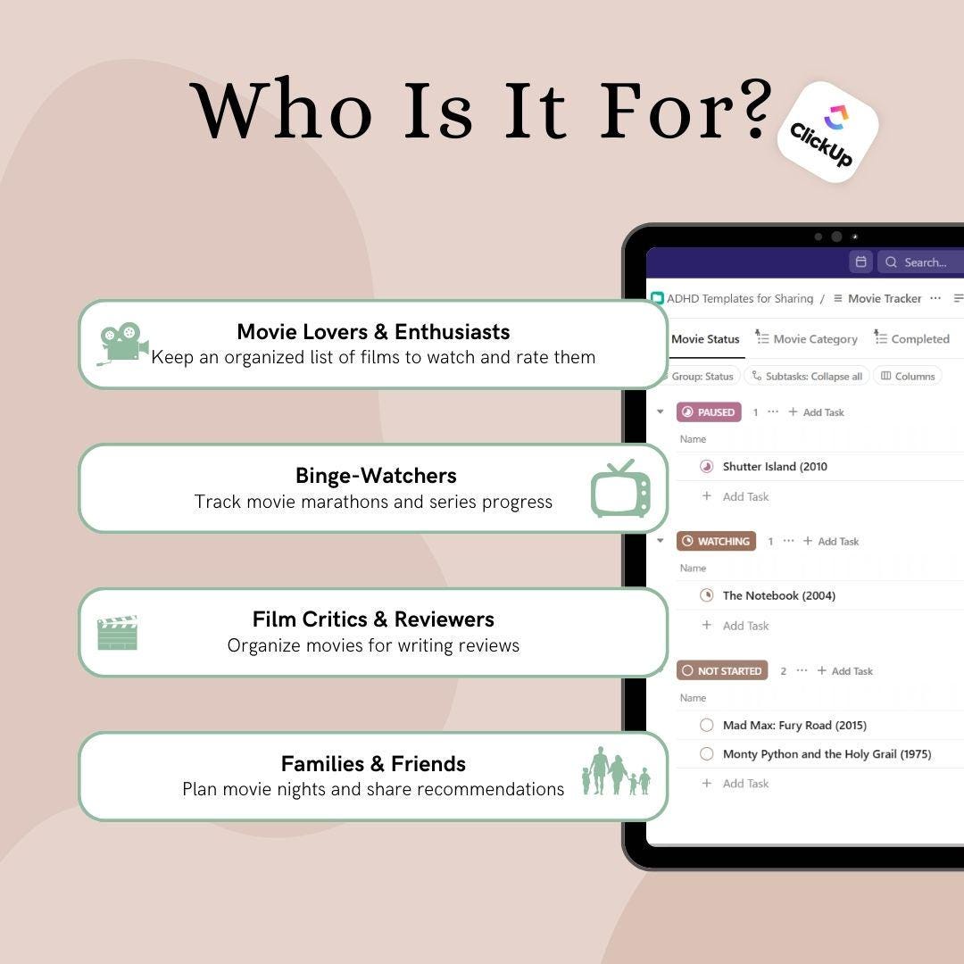 Movie Tracker Clickup Template for Beginners | Easy Movie Organizer