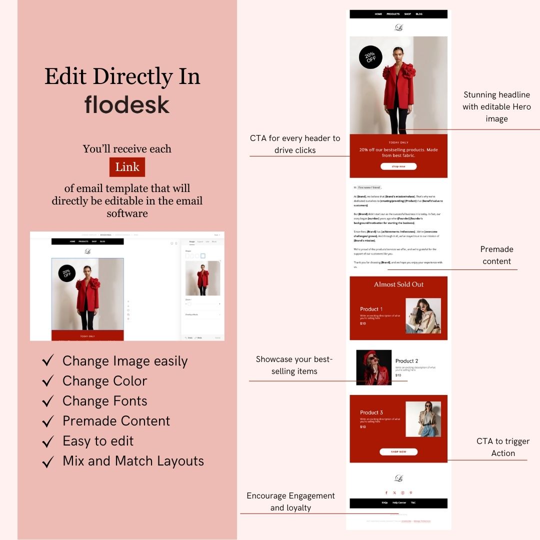 Black & Red Theme Flodesk Fashion Email Templates Bundle