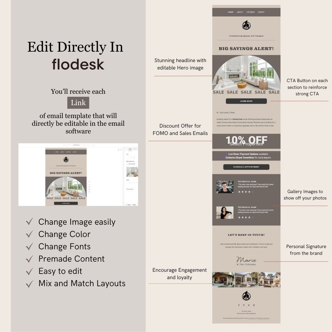 Khaki Flodesk Real Estate Business Email Templates Bundle