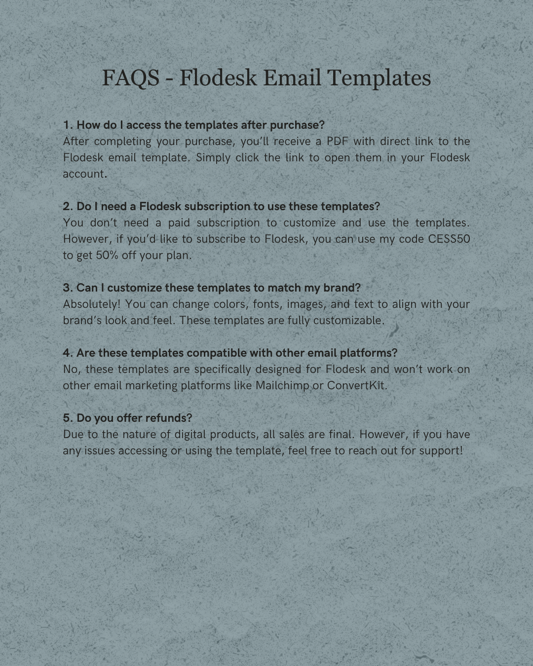 FAQs about Flodesk Email Templates on a gray background