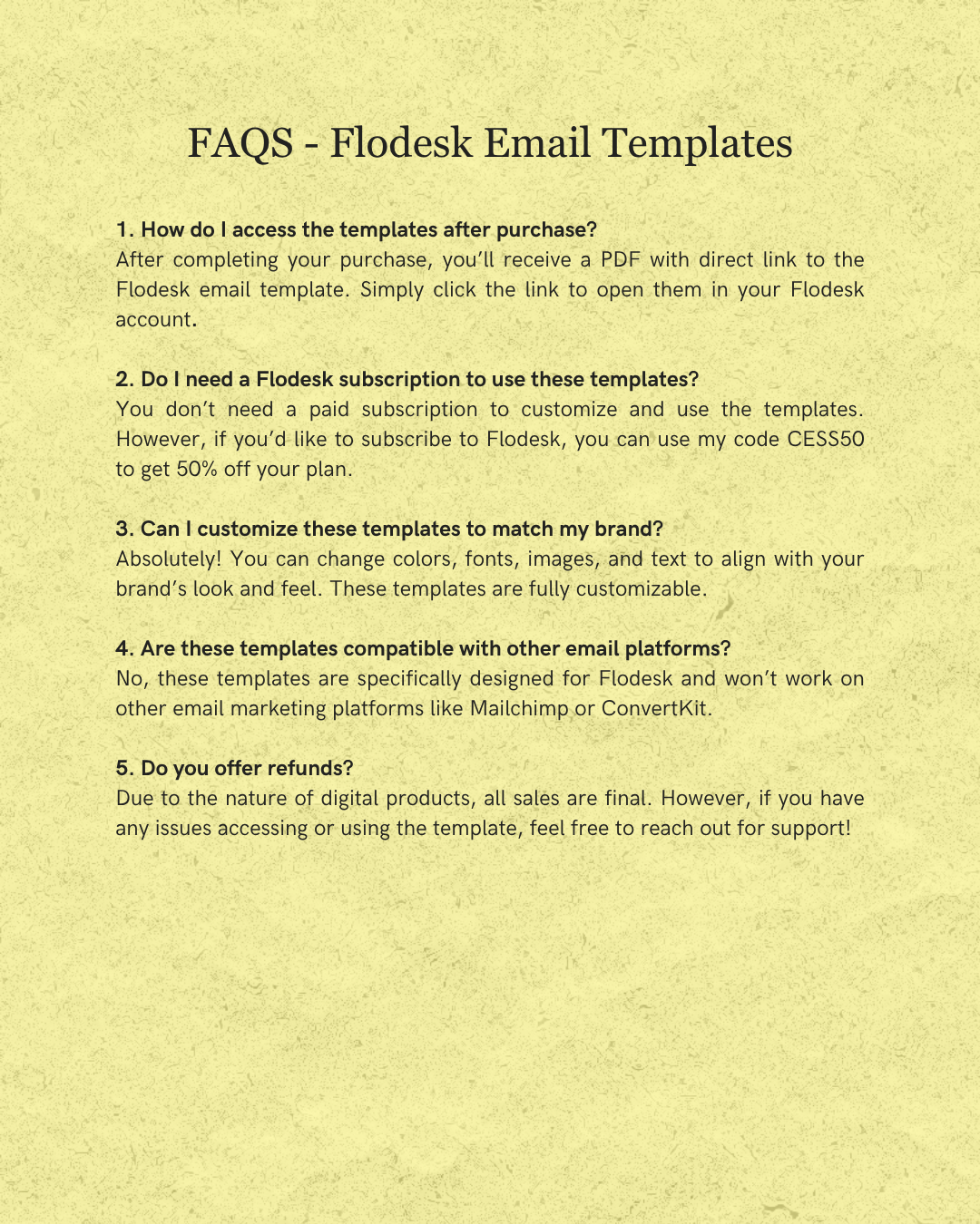 FAQs about Flodesk Email Templates on a yellow background