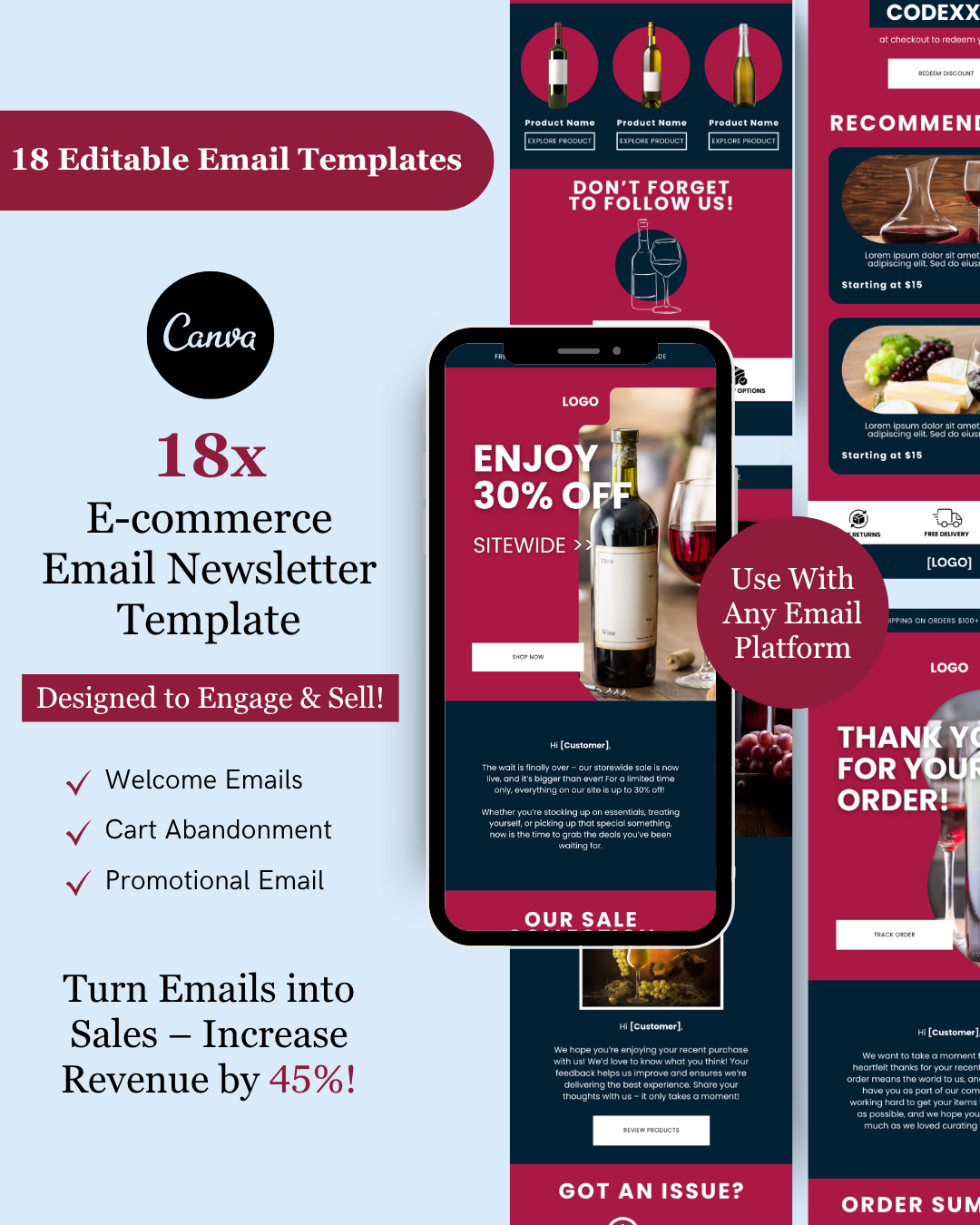 E-commerce Email Marketing Newsletter Canva Template Bundle for Klaviyo Mailchimp and Flodesk | Wine