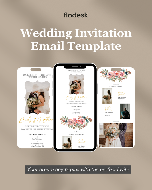 Flodesk wedding invitation email template on a beige background