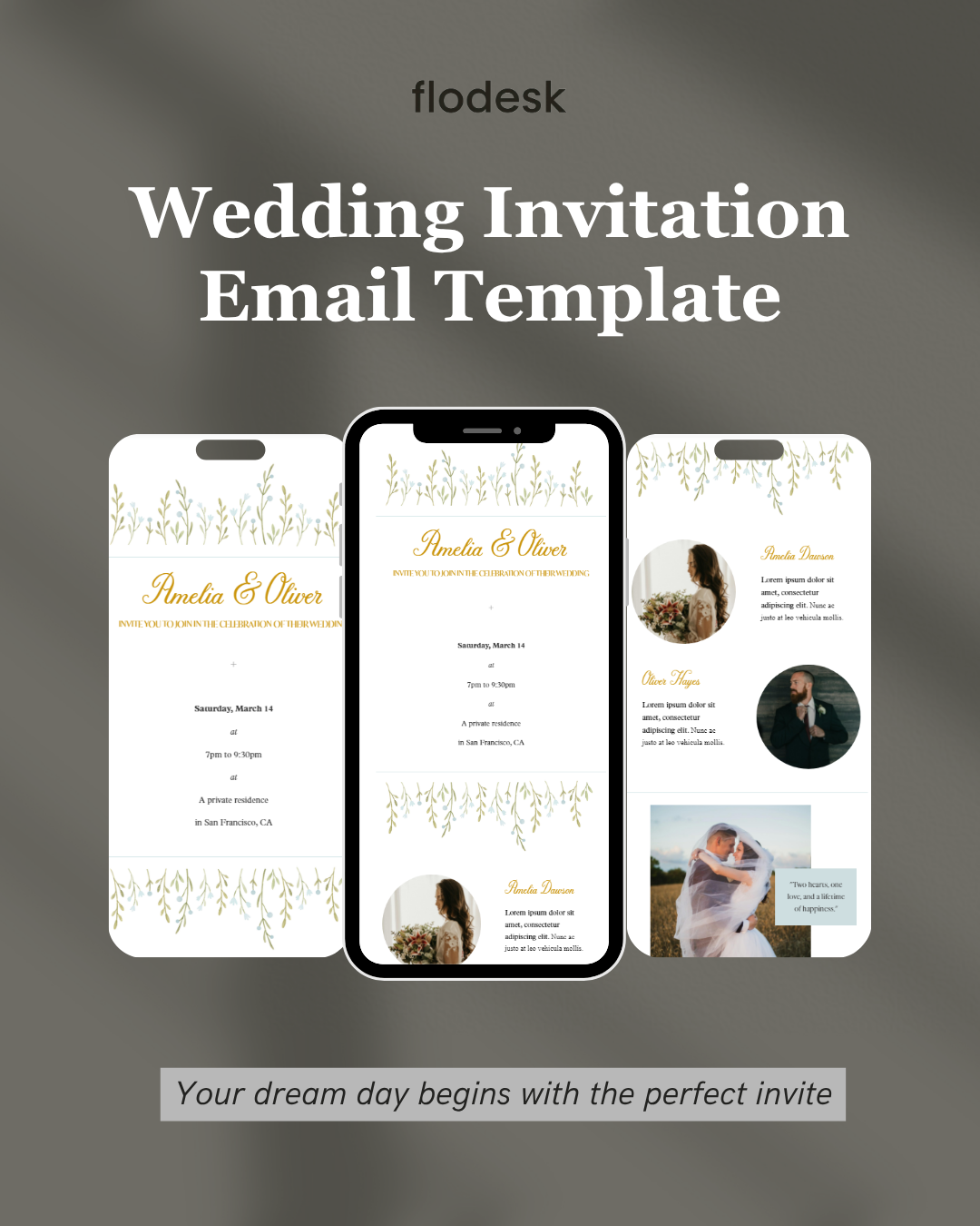Flodesk wedding invitation email template on a smartphone screen with a gray background
