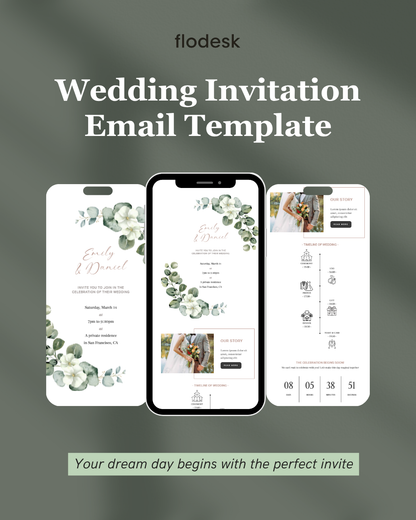 Flodesk wedding invitation email template with smartphone and tablet views on a dark gray background.