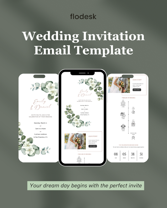 Flodesk wedding invitation email template with smartphone and tablet views on a dark gray background.