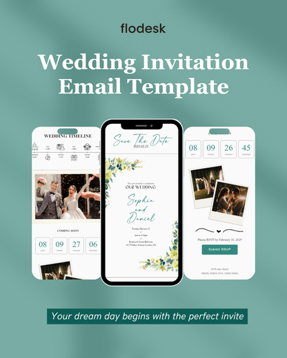 Flodesk wedding invitation email template on a teal background
