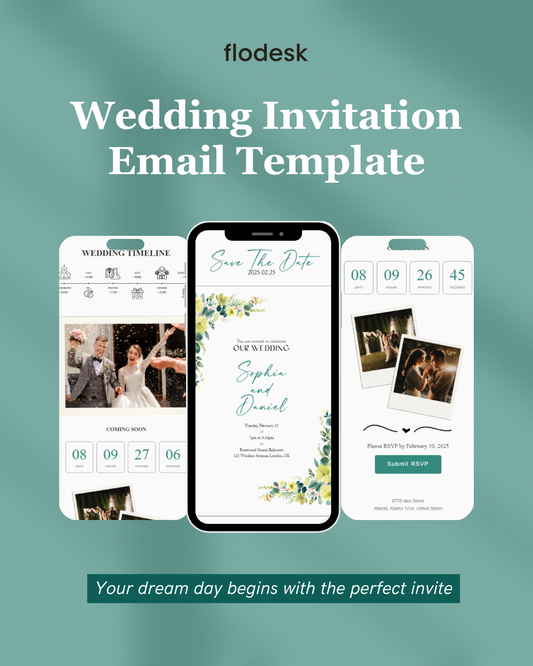 Flodesk wedding invitation email template on a teal background