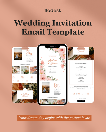 Flodesk wedding invitation email template on a peach background with smartphone display.