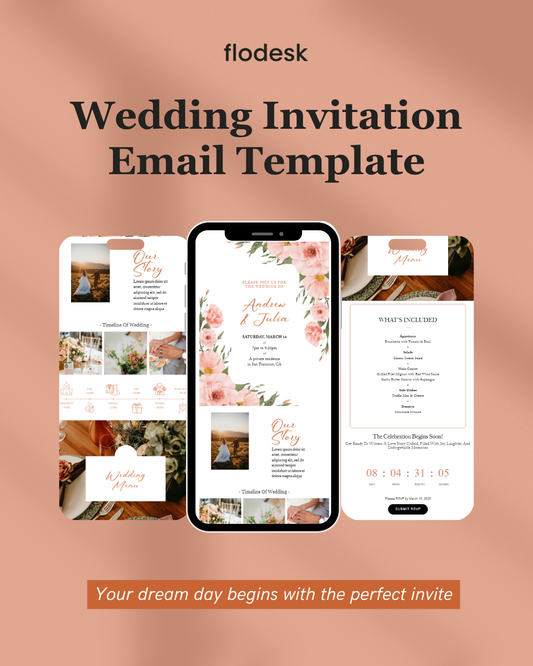 Flodesk wedding invitation email template on a peach background with smartphone display.