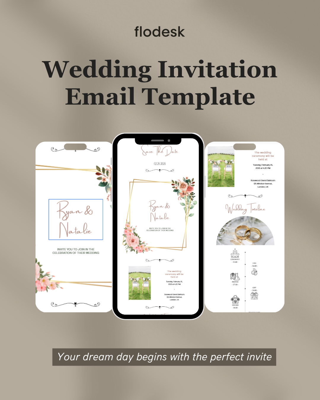 Flodesk wedding invitation email template with smartphone displaying invitation design on a beige background.