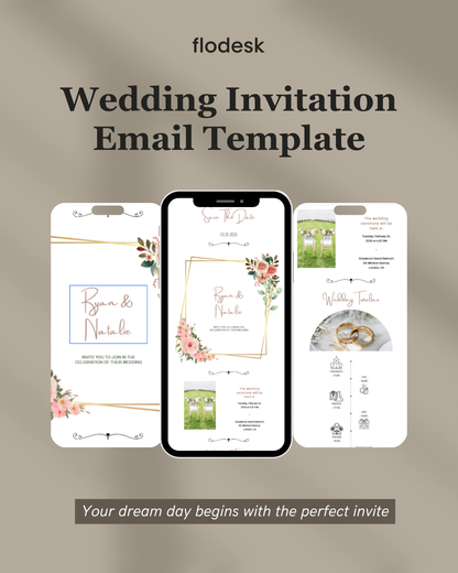 Flodesk wedding invitation email template with smartphone displaying invitation design on a beige background.