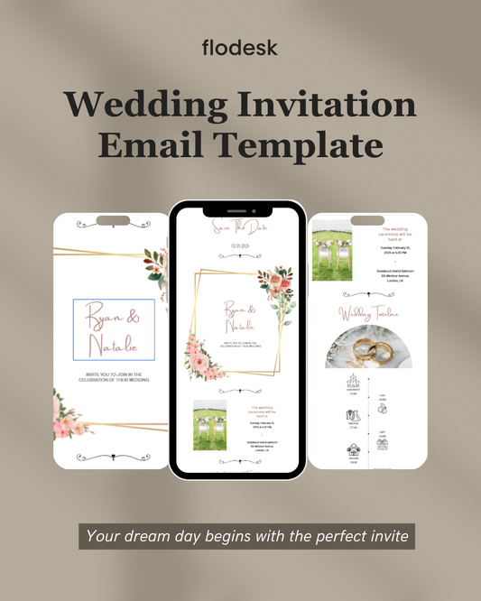 Flodesk wedding invitation email template with smartphone displaying invitation design on a beige background.