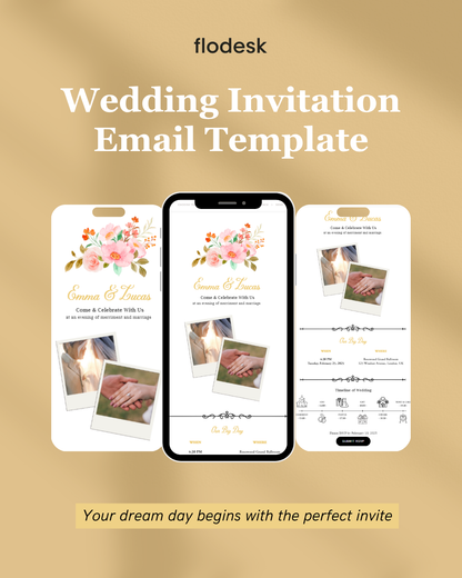 Flodesk wedding invitation email template on a gold background