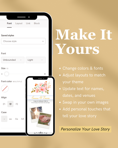 Design software interface with text 'Make It Yours' on a gold background