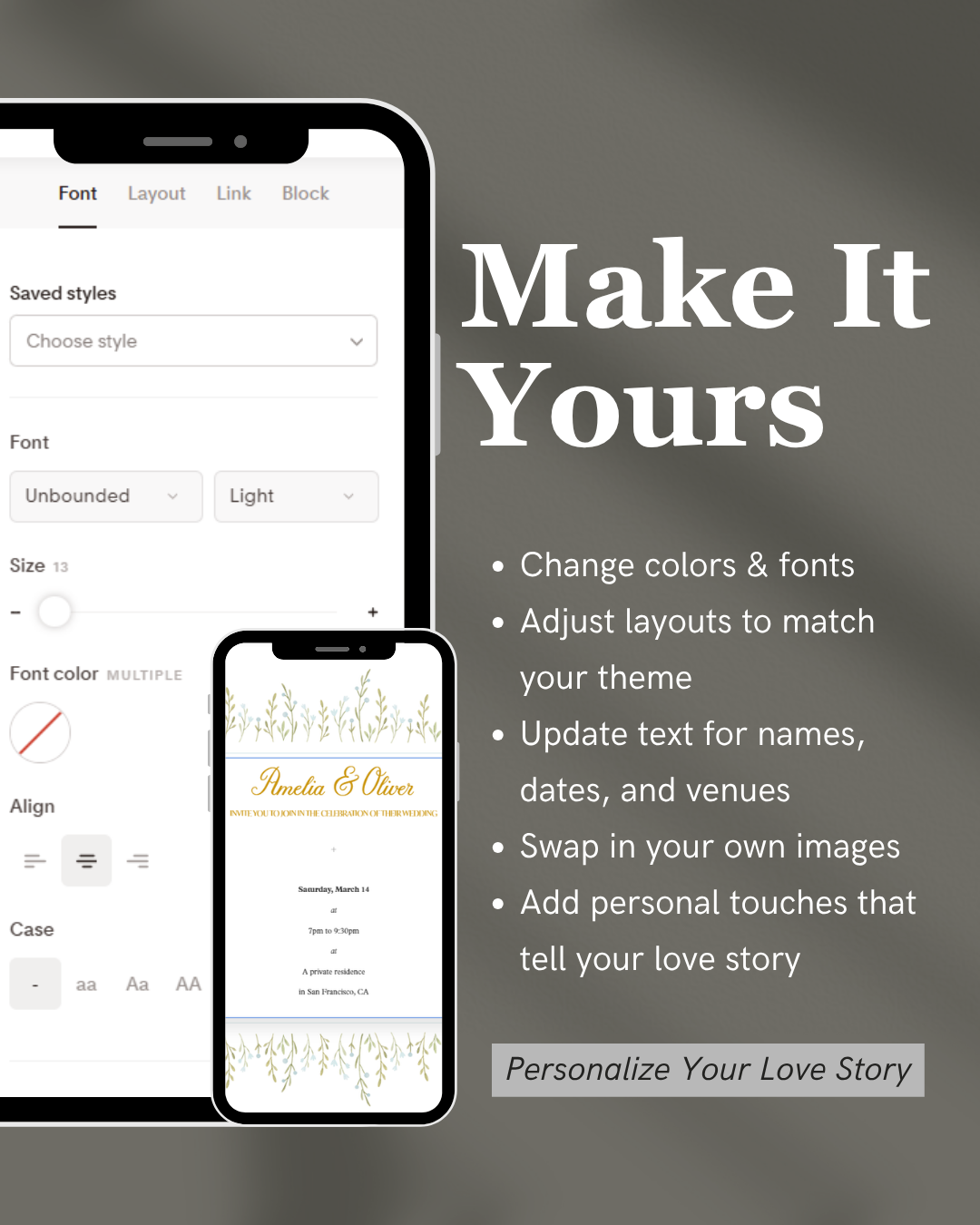 Phone screen with design software interface and text 'Make It Yours' on a gray background