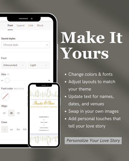 Phone screen with design software interface and text 'Make It Yours' on a gray background
