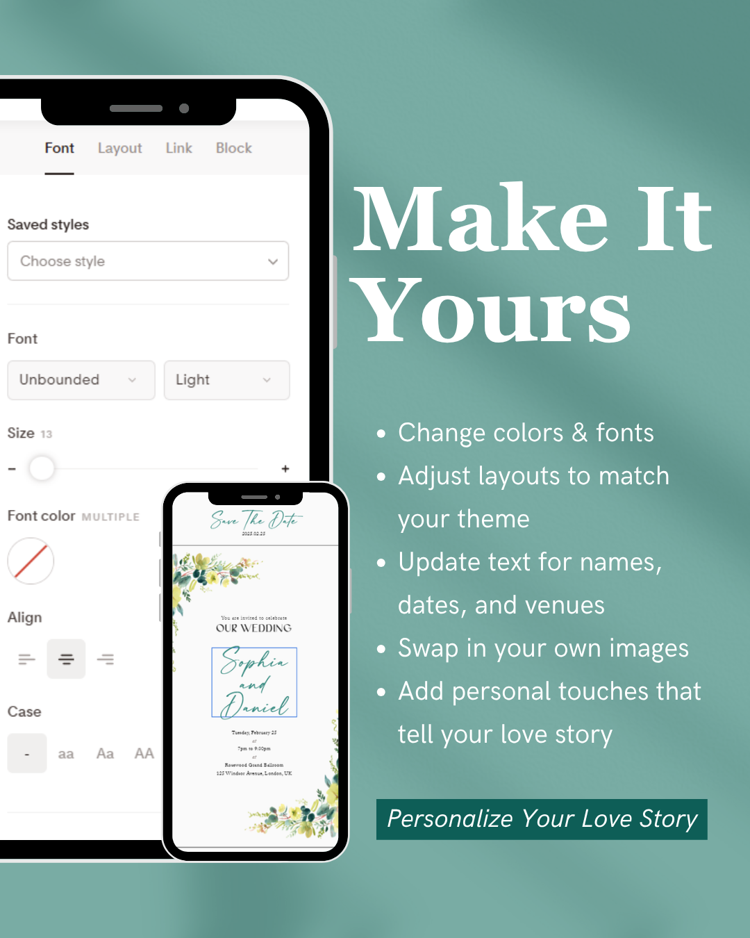 Design software interface with text 'Make It Yours' on a teal background