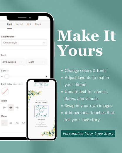 Design software interface with text 'Make It Yours' on a teal background