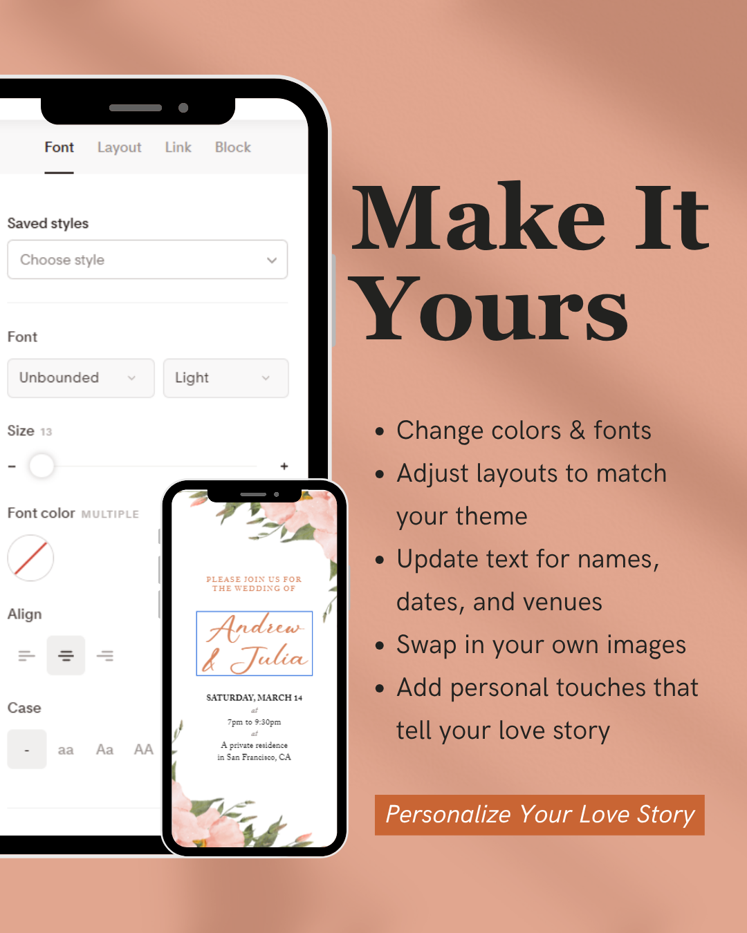 Design software interface with text editor and smartphone displaying a personalized event invitation on a peach background.