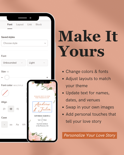 Design software interface with text editor and smartphone displaying a personalized event invitation on a peach background.