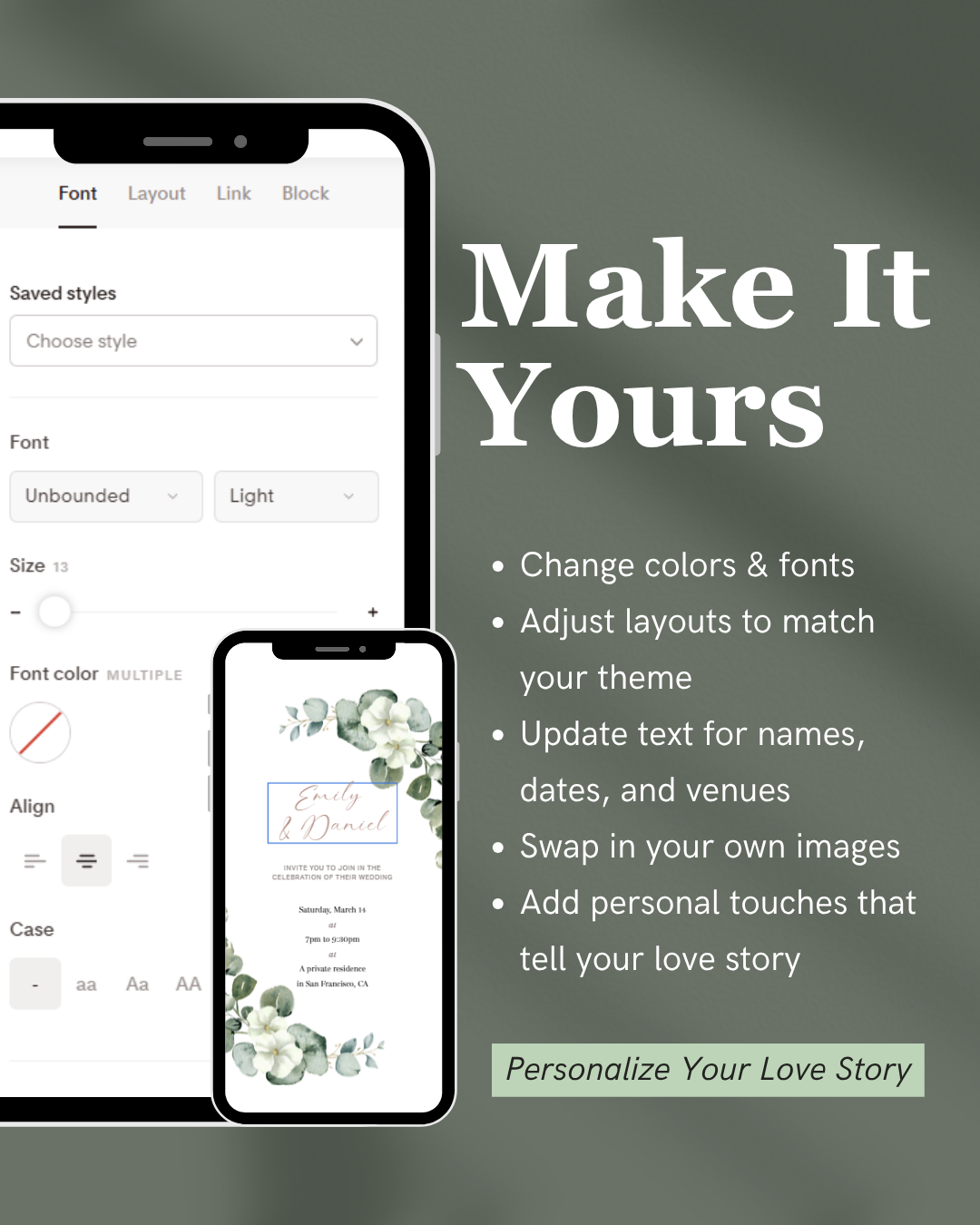 Design software interface with text 'Make It Yours' and options to personalize a design.