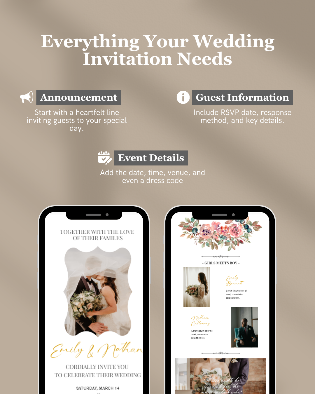 Wedding invitation design guide with smartphone screens displaying invitation templates on a beige background.