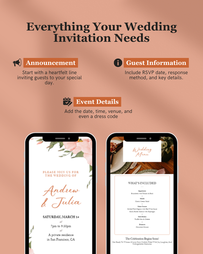 Wedding invitation guide with smartphone screens displaying sample invitations on a peach background.