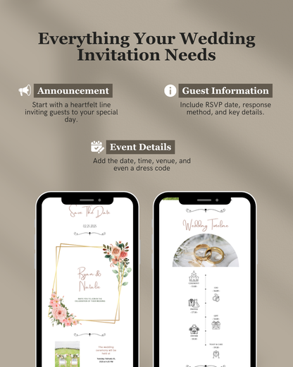Wedding invitation design guide with smartphone screens displaying invitation details on a beige background.