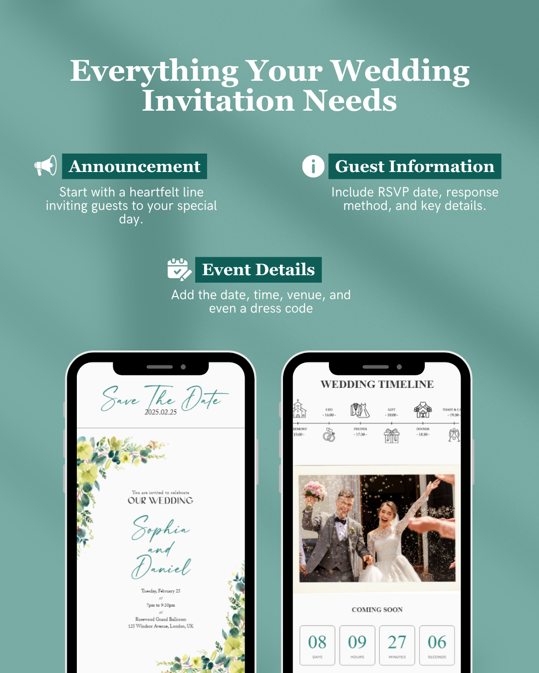 Wedding invitation design guide with smartphone screens displaying invitation elements on a teal background.