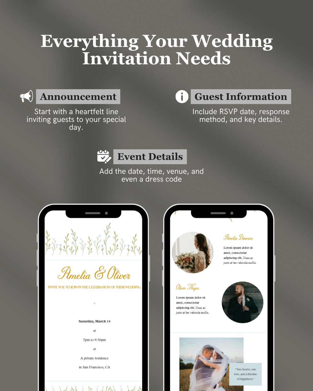 Wedding invitation design guide with smartphone screens displaying invitation details.