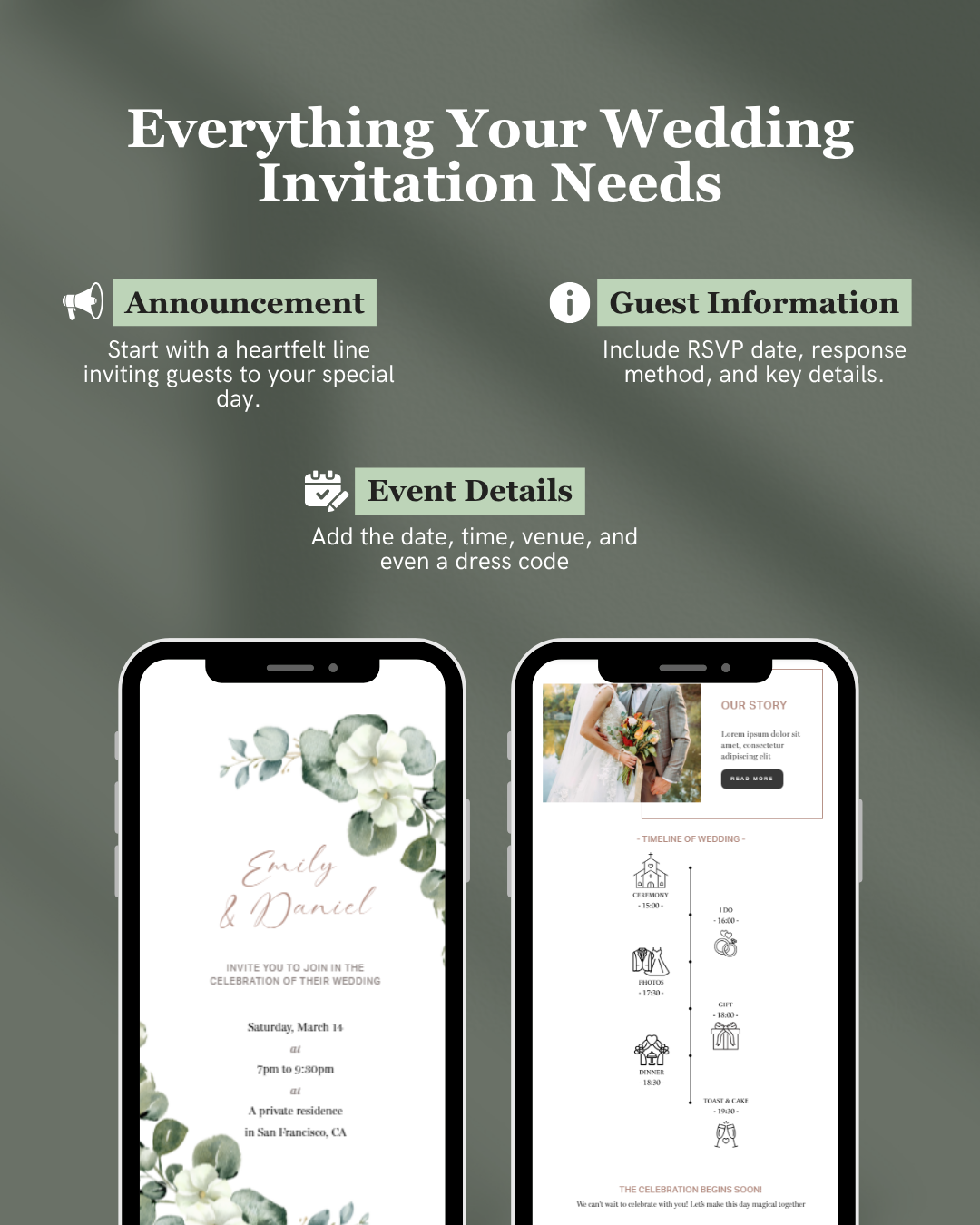 Wedding invitation design guide with smartphone screens displaying invitation details.