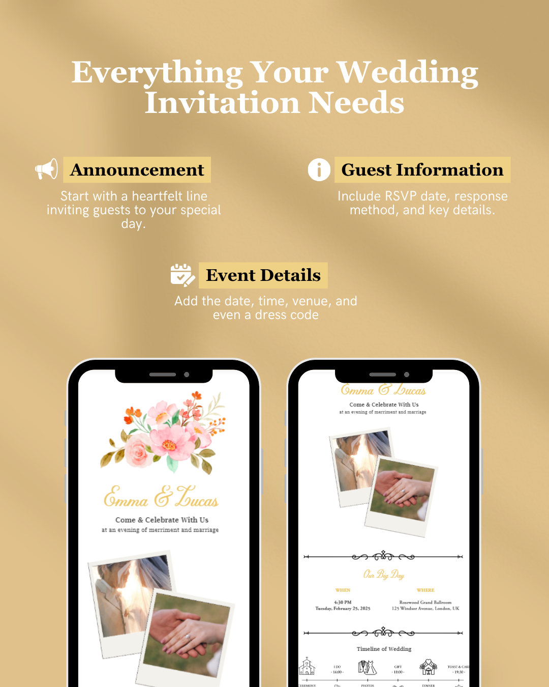 Wedding invitation design guide with smartphone screens displaying invitation details on a gold background.