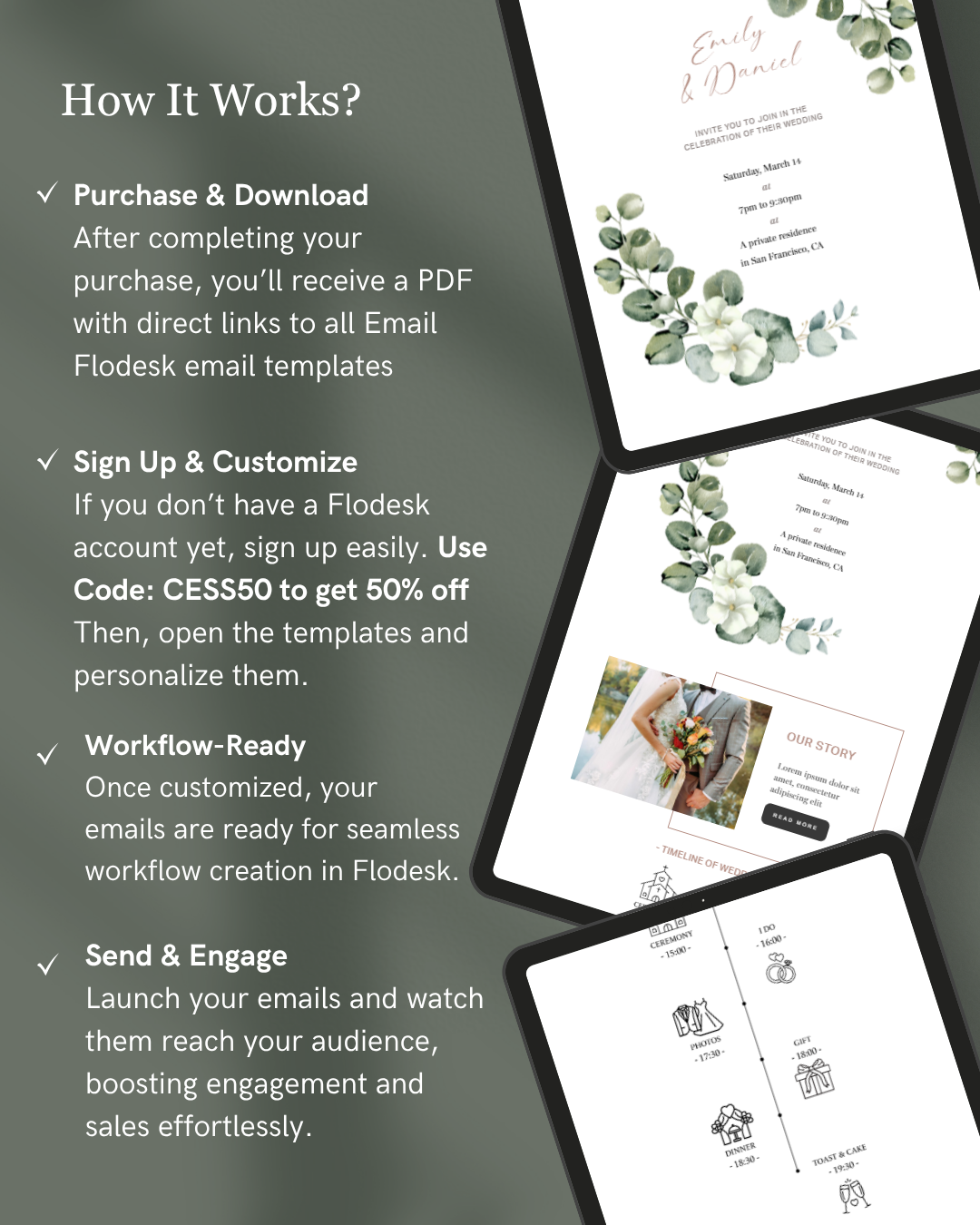 Promotional text and email templates on a dark background