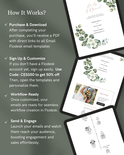 Promotional text and email templates on a dark background