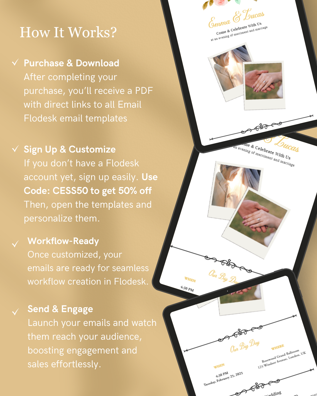 Flodesk email templates with hands holding a card on a beige background, featuring text on how to use the templates.