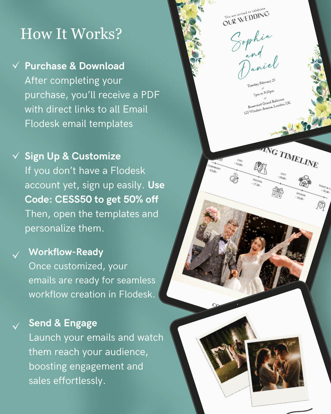 Promotional graphic for wedding email templates with text and images of a couple.
