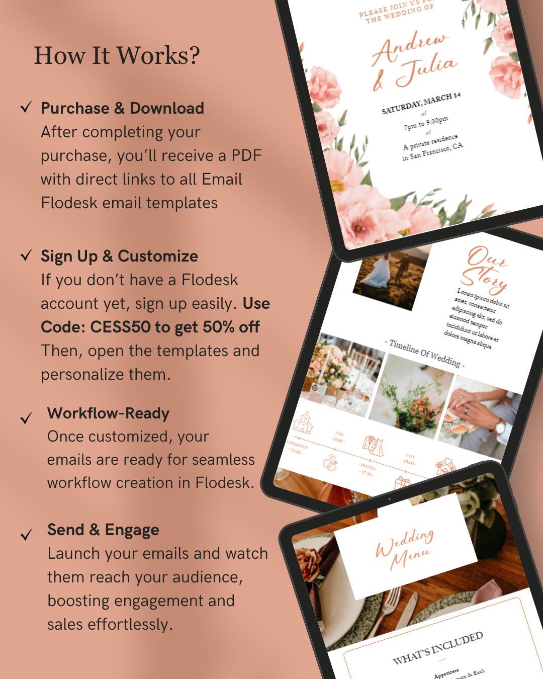 Promotional text for email templates with images of wedding-themed emails on a pink background.