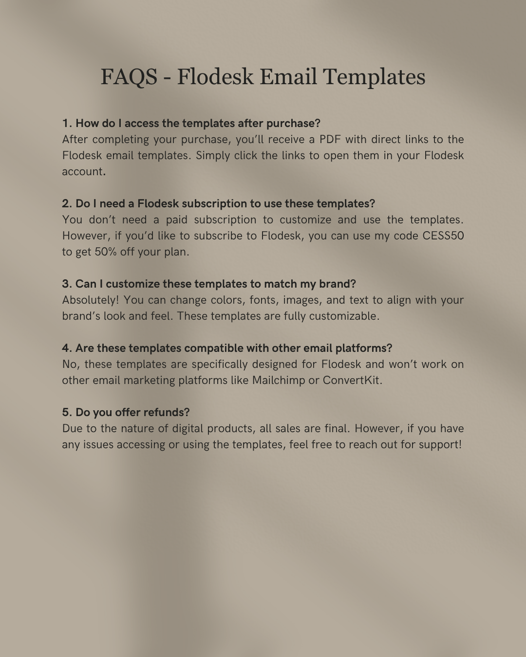 FAQs about Flodesk Email Templates on a beige background