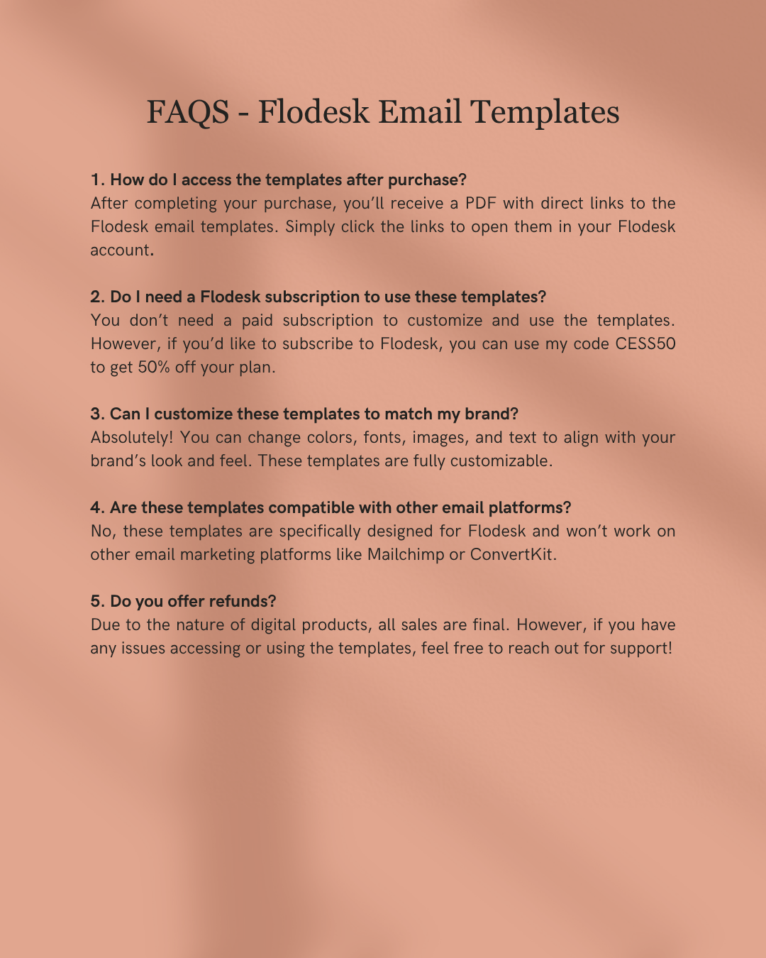 FAQs about Flodesk Email Templates on a pink background