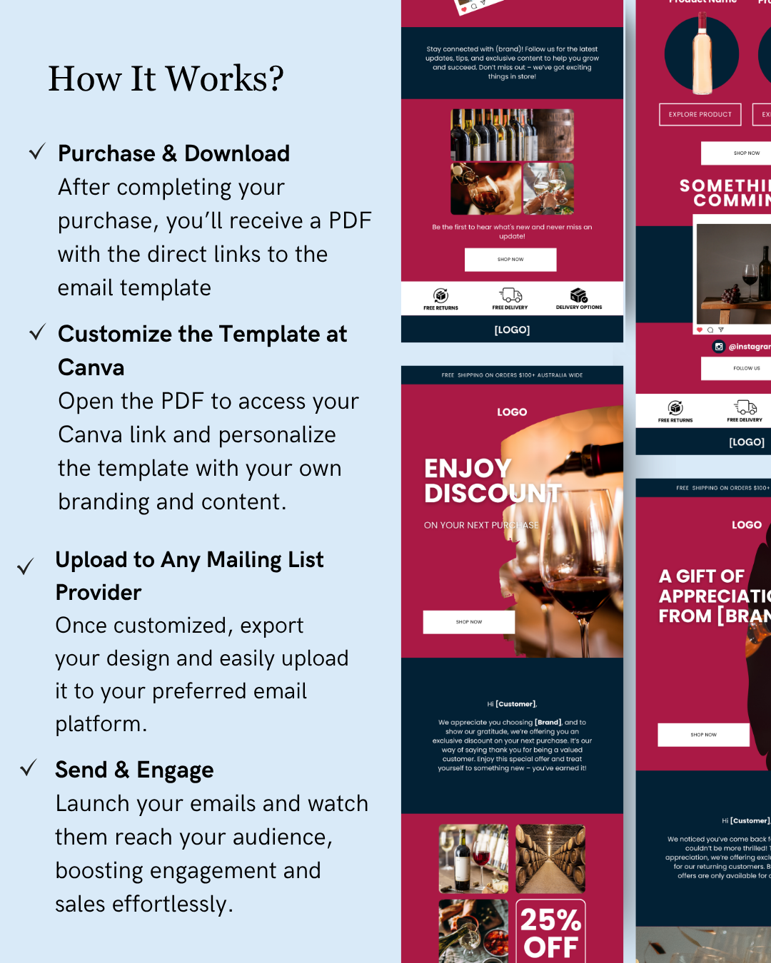 E-commerce Email Marketing Newsletter Canva Template Bundle for Klaviyo Mailchimp and Flodesk | Wine