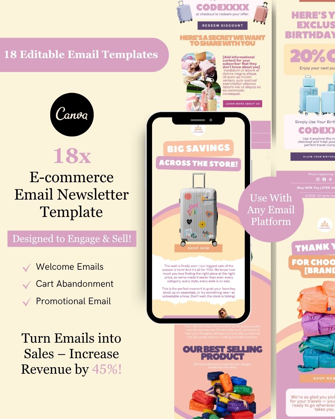 E-commerce Email Marketing Newsletter Canva Template Bundle for Klaviyo Mailchimp and Flodesk | Travel Gear