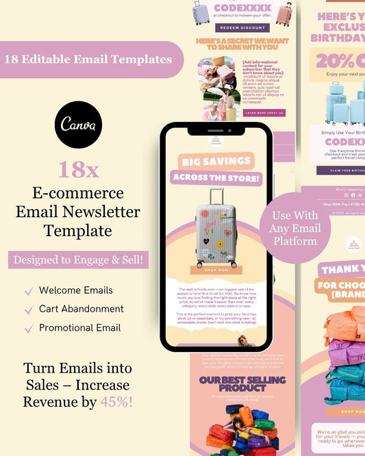 E-commerce Email Marketing Newsletter Canva Template Bundle for Klaviyo Mailchimp and Flodesk | Travel Gear