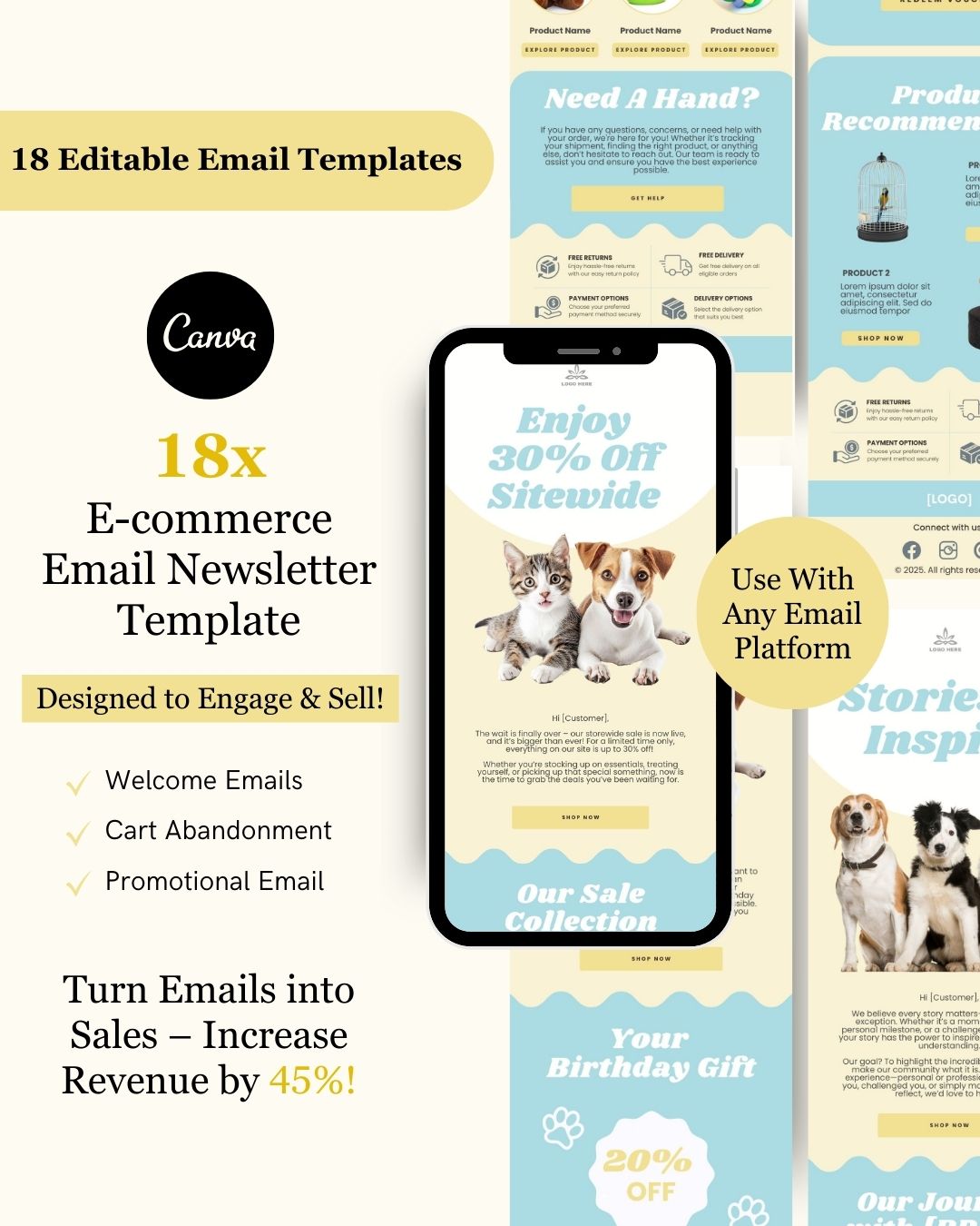 E-commerce Email Marketing Newsletter Canva Template Bundle for Klaviyo Mailchimp and Flodesk | Pet Toys and Accessories