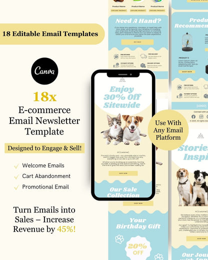 E-commerce Email Marketing Newsletter Canva Template Bundle for Klaviyo Mailchimp and Flodesk | Pet Toys and Accessories