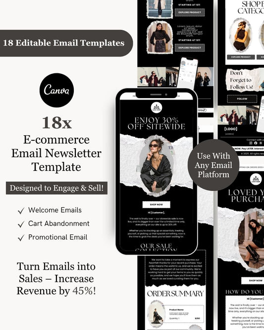 E-commerce Email Marketing Newsletter Canva Template Bundle for Klaviyo Mailchimp and Flodesk | Fashion B&W