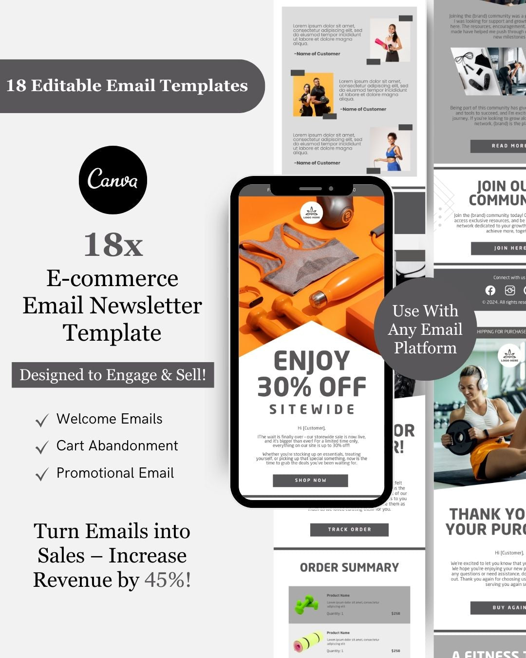 E-commerce Email Marketing Newsletter Canva Template Bundle for Klaviyo Mailchimp and Flodesk | Fitness Equipment and Gear