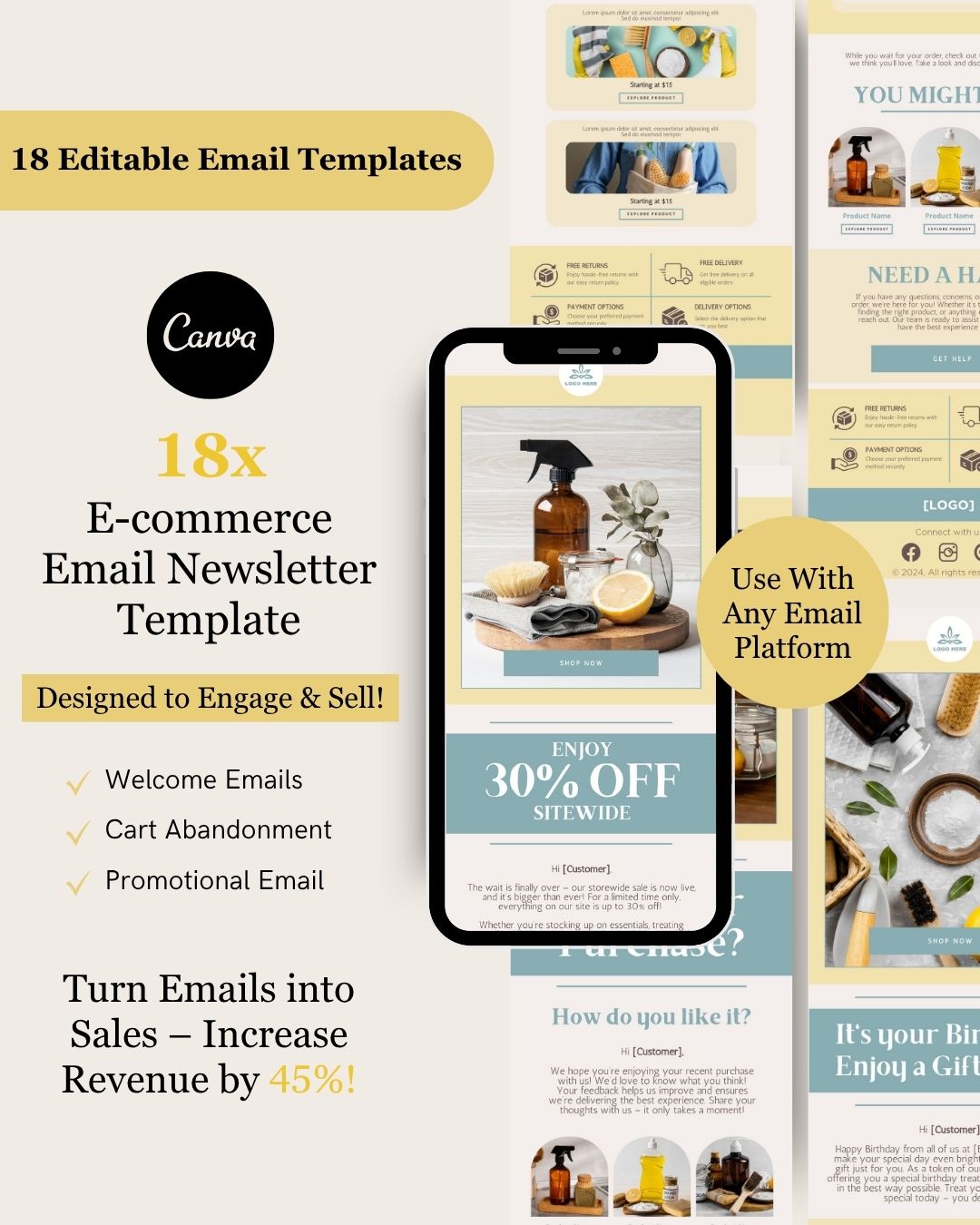 E-commerce Email Marketing Newsletter Canva Template Bundle for Klaviyo Mailchimp and Flodesk | Eco-friendly Cleaning Supplies