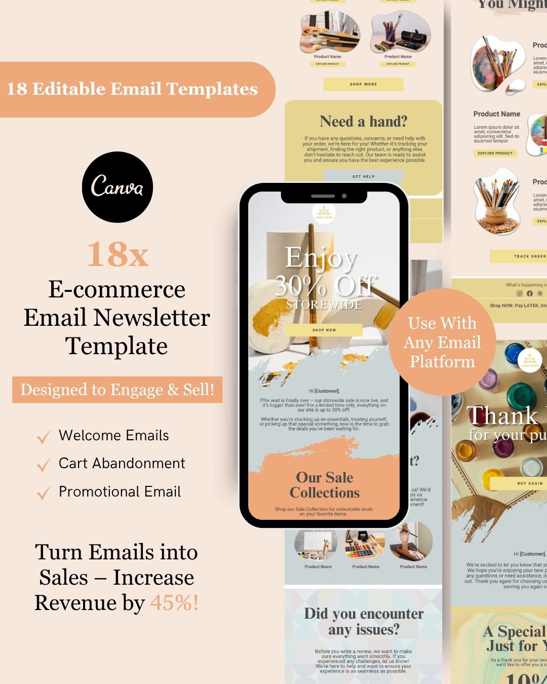 E-commerce Email Marketing Newsletter Canva Template Bundle for Klaviyo Mailchimp and Flodesk | Professional Art Supplies