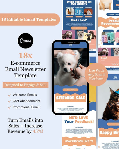 E-commerce Email Marketing Newsletter Canva Template Bundle for Klaviyo Mailchimp and Flodesk | Pet Grooming and Health Products